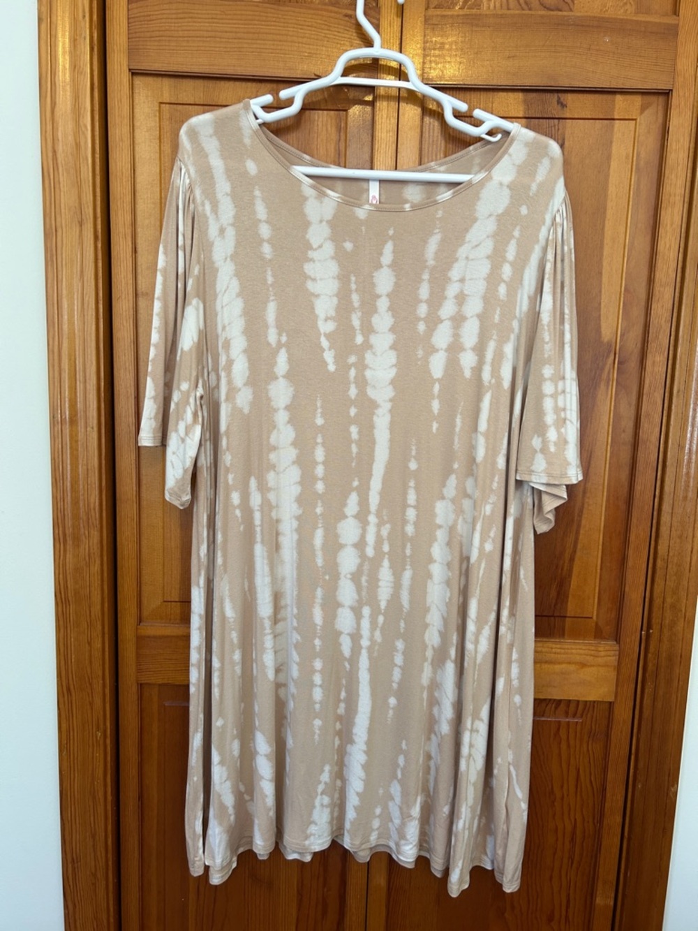 Beige Tie‑Dye Short Sleeve Midi Dress Soft Stretch Casual 3X